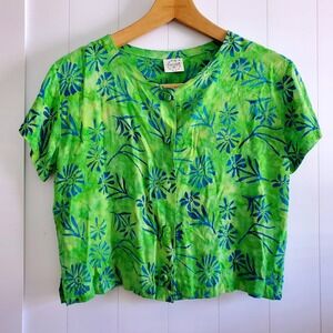 Global Village Batik Floral Rayon Top Green Blue Tie Dye Button Front Blouse S